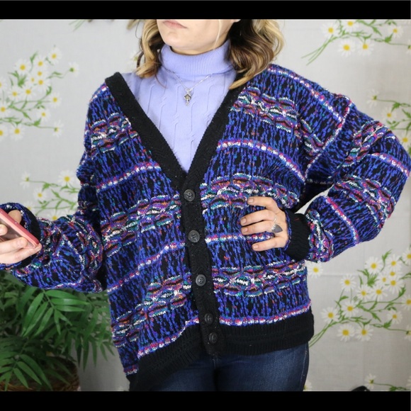 Vintage royal blue rainbow mixed knit cardigan - Picture 3 of 6